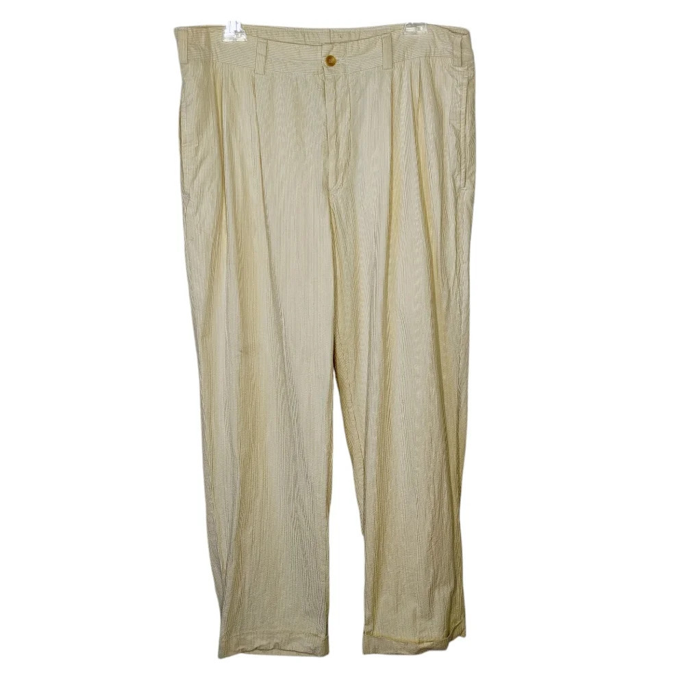 Bills Khakis Seersucker Pleated Cuffed Pants‎ Beige White Men's 35 Waist 35x30